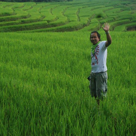Hiking over rice fields